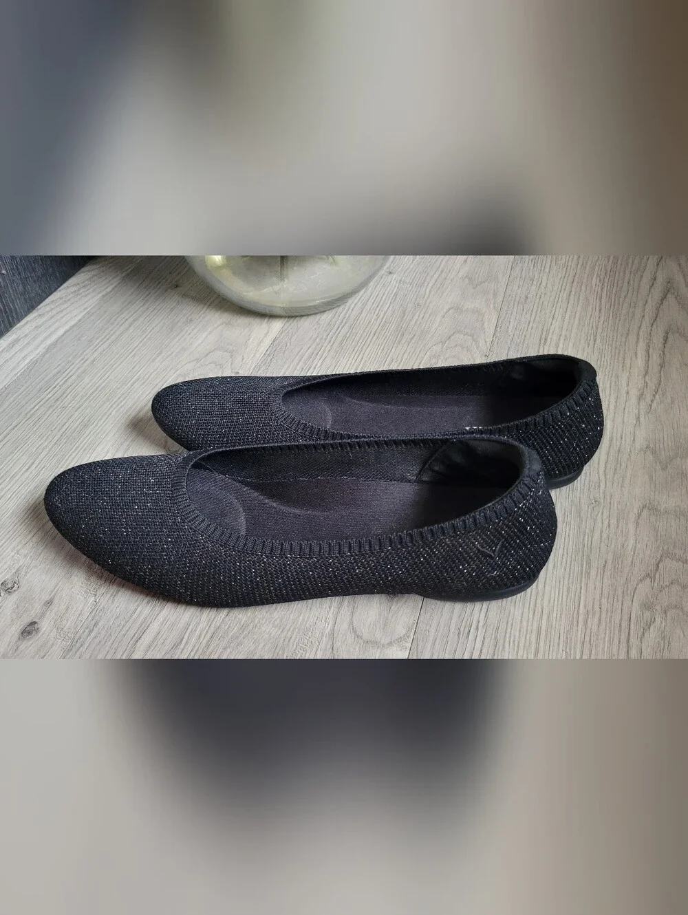 Vivaia Claire Round Toe Black Metallic Shimmer Ballet Flats, Women US 6.5 EU 37